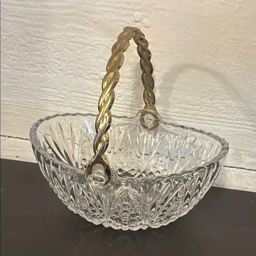 Glass Basket with Metal Gold Tone Handle Trinket Candy Bowl
